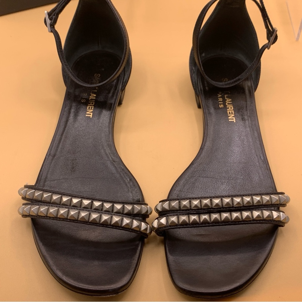 Saint Laurent Venice Double-Strap Black Leather Studded Sandals 37/ US 7 - Picture 3 of 9